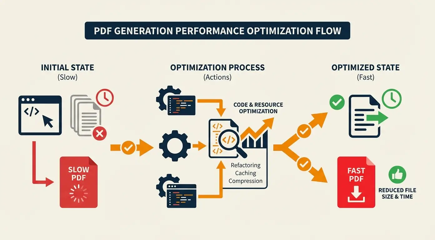 Diagram illustrating PDF generation optimization flow: slow to fast, with code and resource improvements.