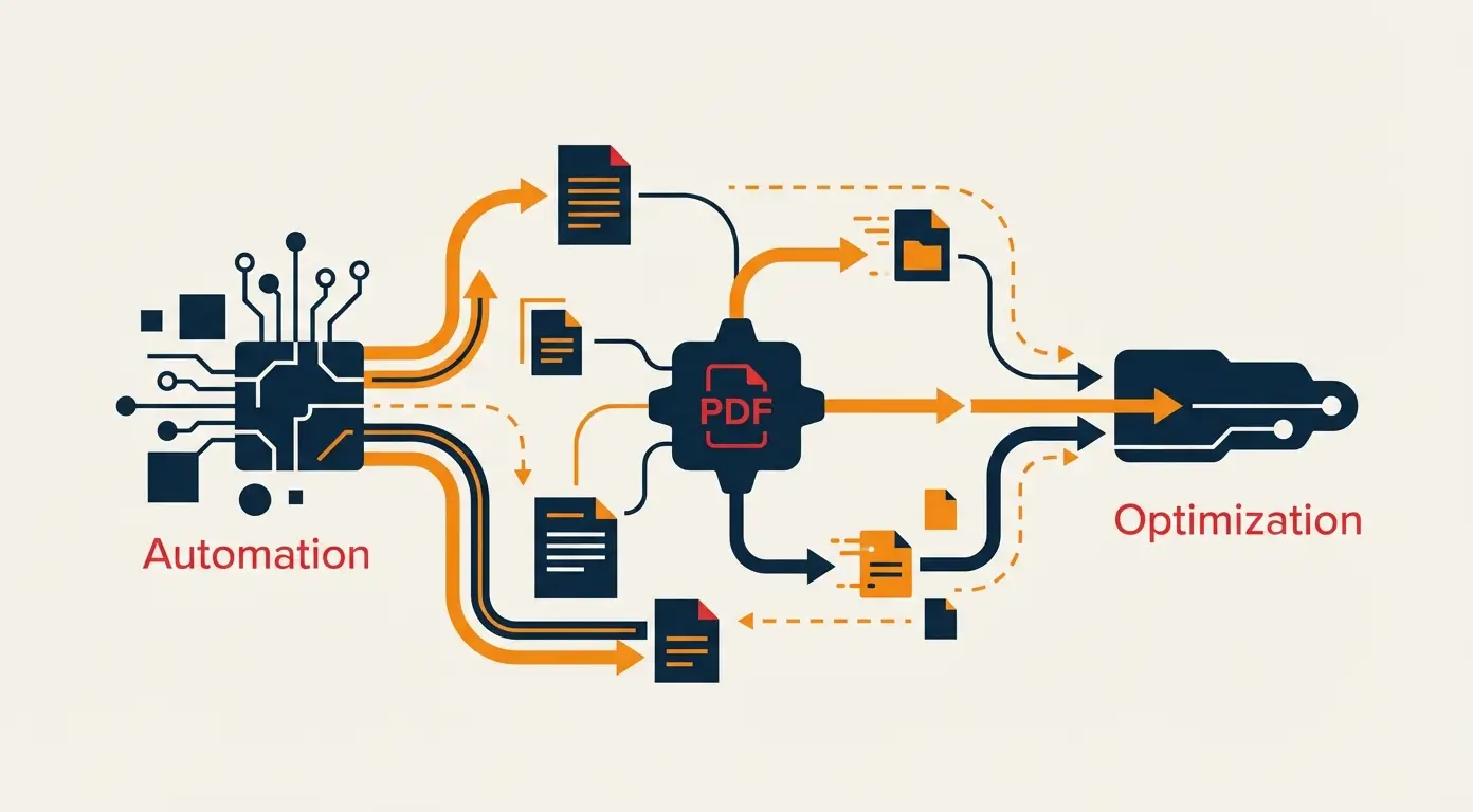 Diagram showing a PDF file with arrows connecting it to automation and optimization processes.