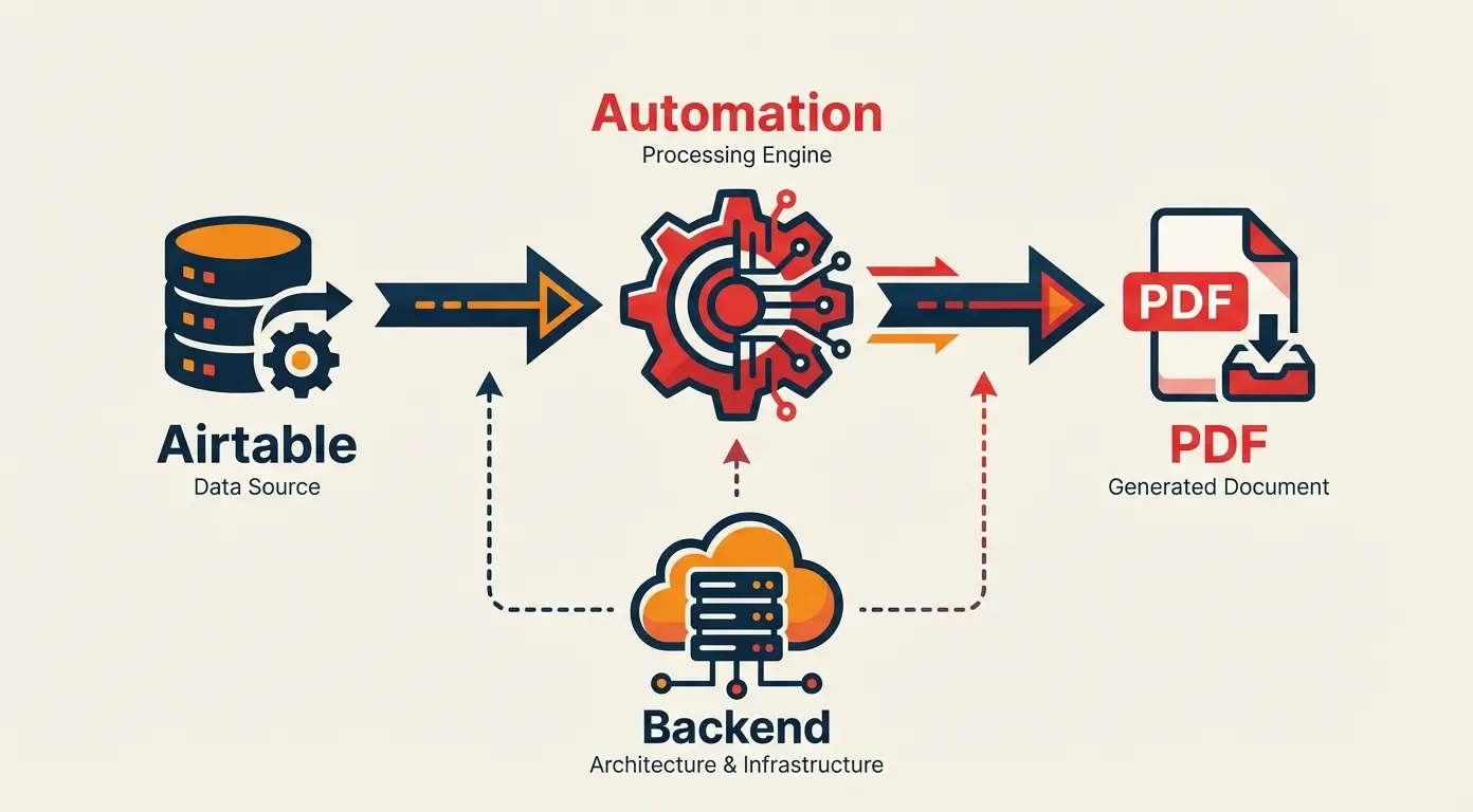 Diagram showing Airtable data flowing to an automation engine, then to a PDF document.