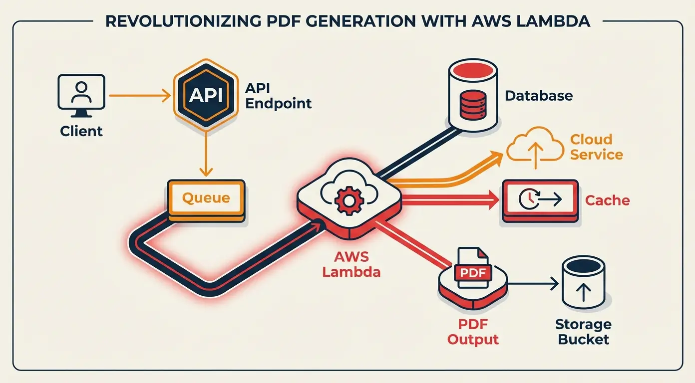 Diagram showing a client request flowing through an API, queue, AWS Lambda, and storage bucket to generate a PDF.