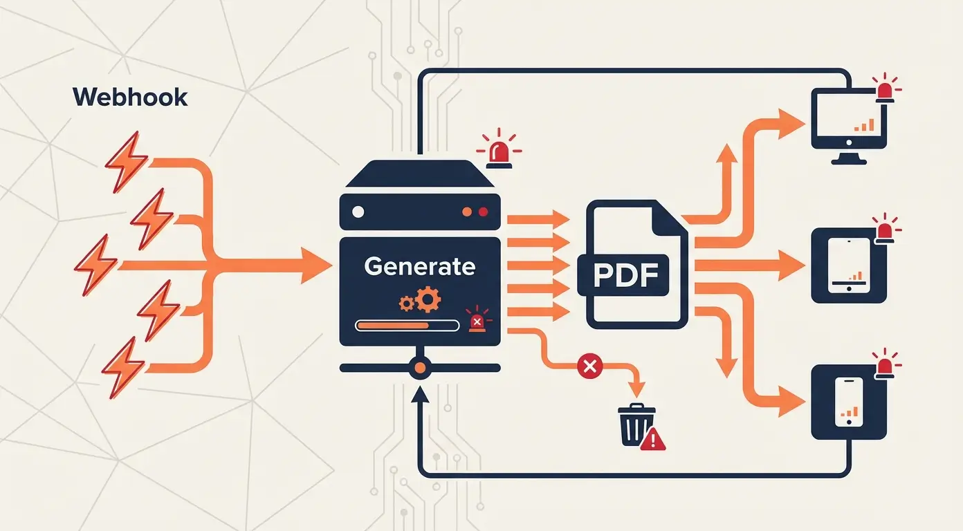 Diagram showing a webhook triggering PDF generation and distribution to devices.