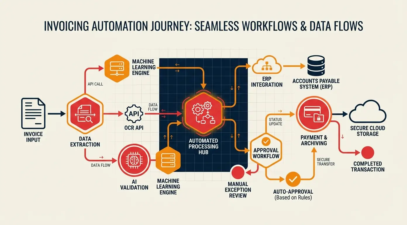 Diagram illustrating invoice automation workflow, including data extraction, AI validation, and ERP integration.