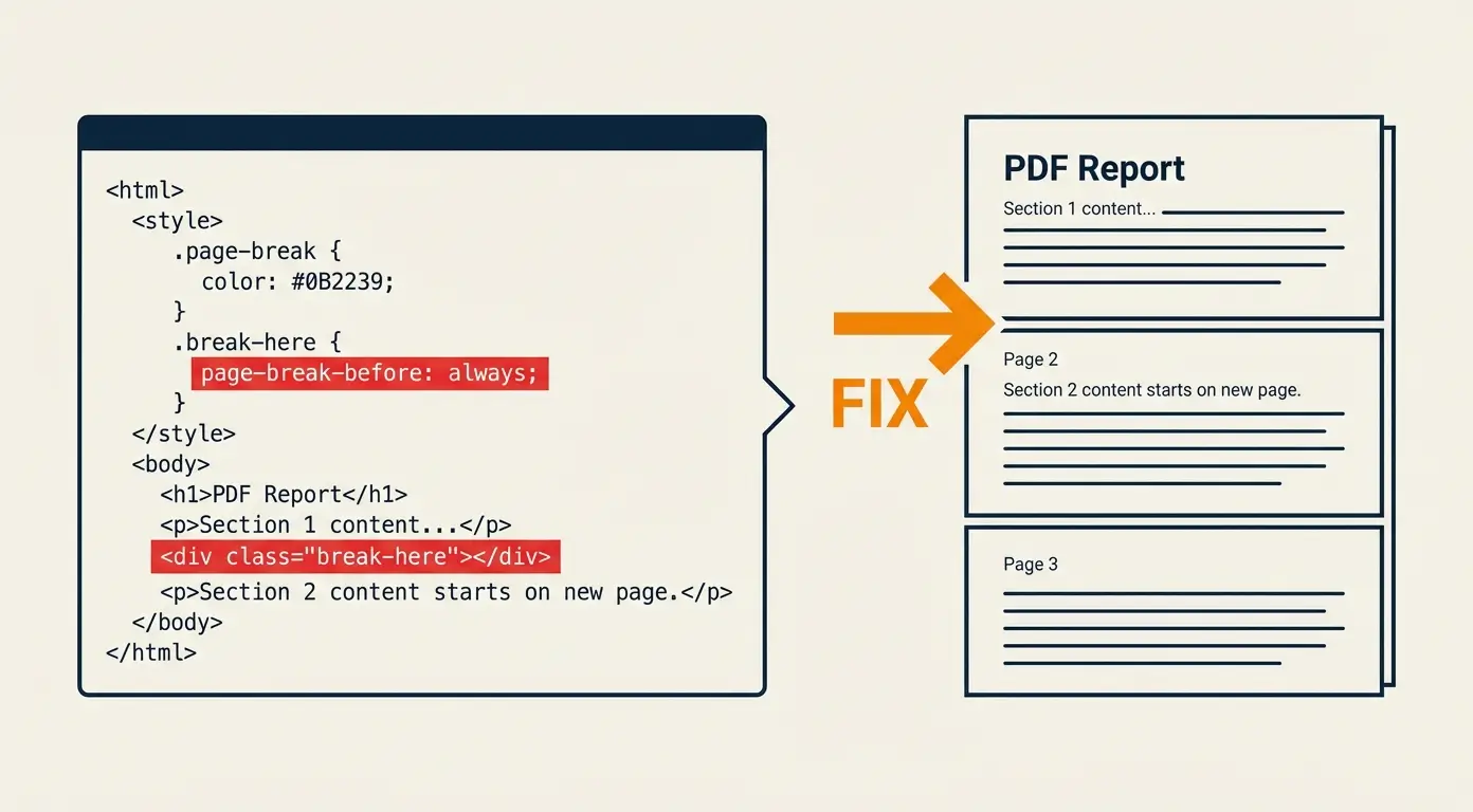 Code snippet showing page breaks being converted to a multi-page PDF report.