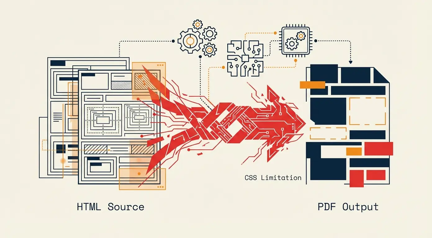 Diagram showing HTML source code transforming into PDF output, with a CSS limitation highlighted.