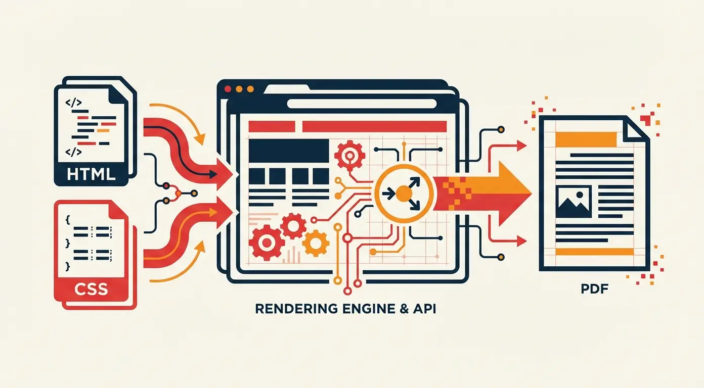 HTML and CSS code flow into a rendering engine, outputting a PDF document.
