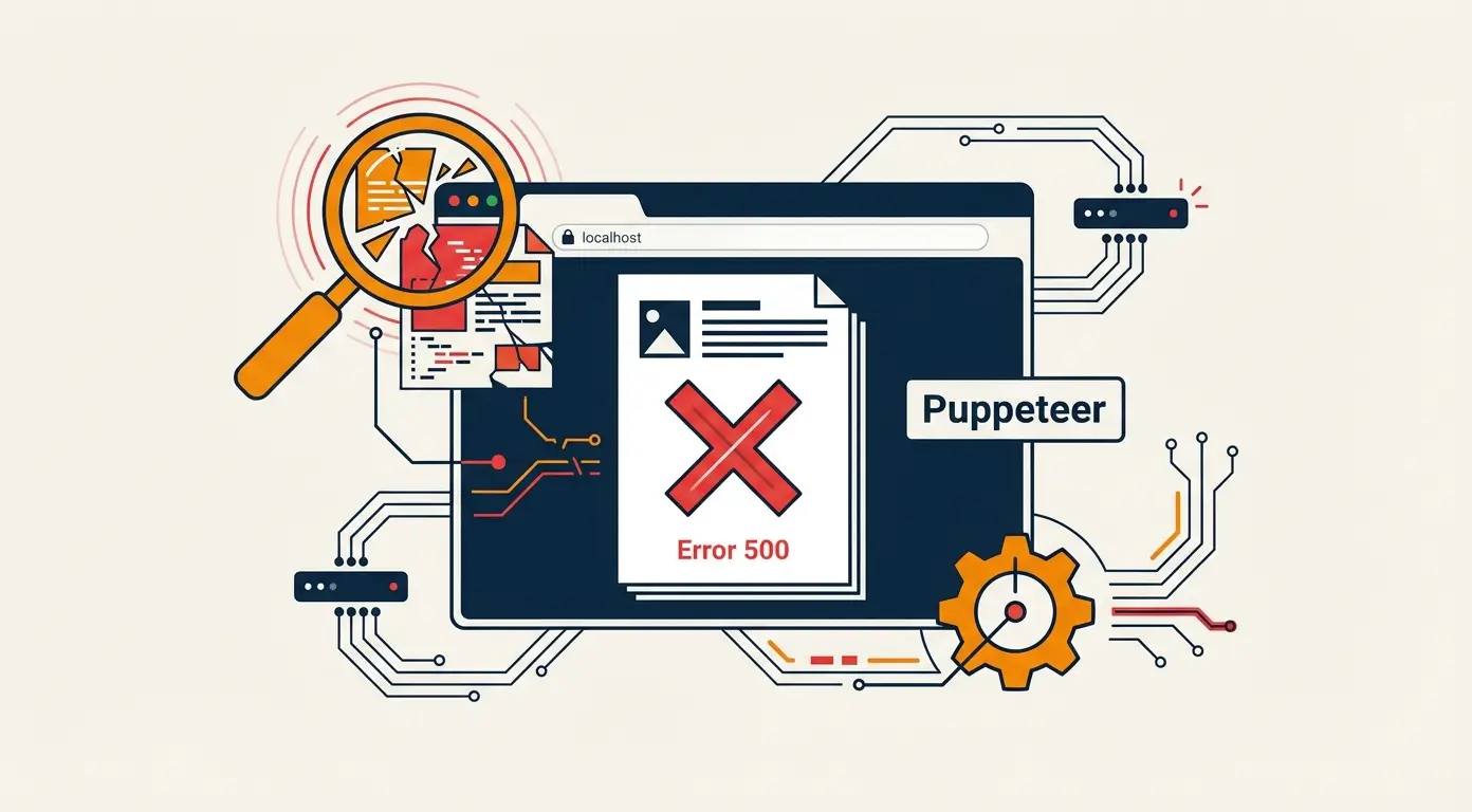 Diagram showing a browser window displaying 'Error 500' with 'Puppeteer' text and a magnifying glass.