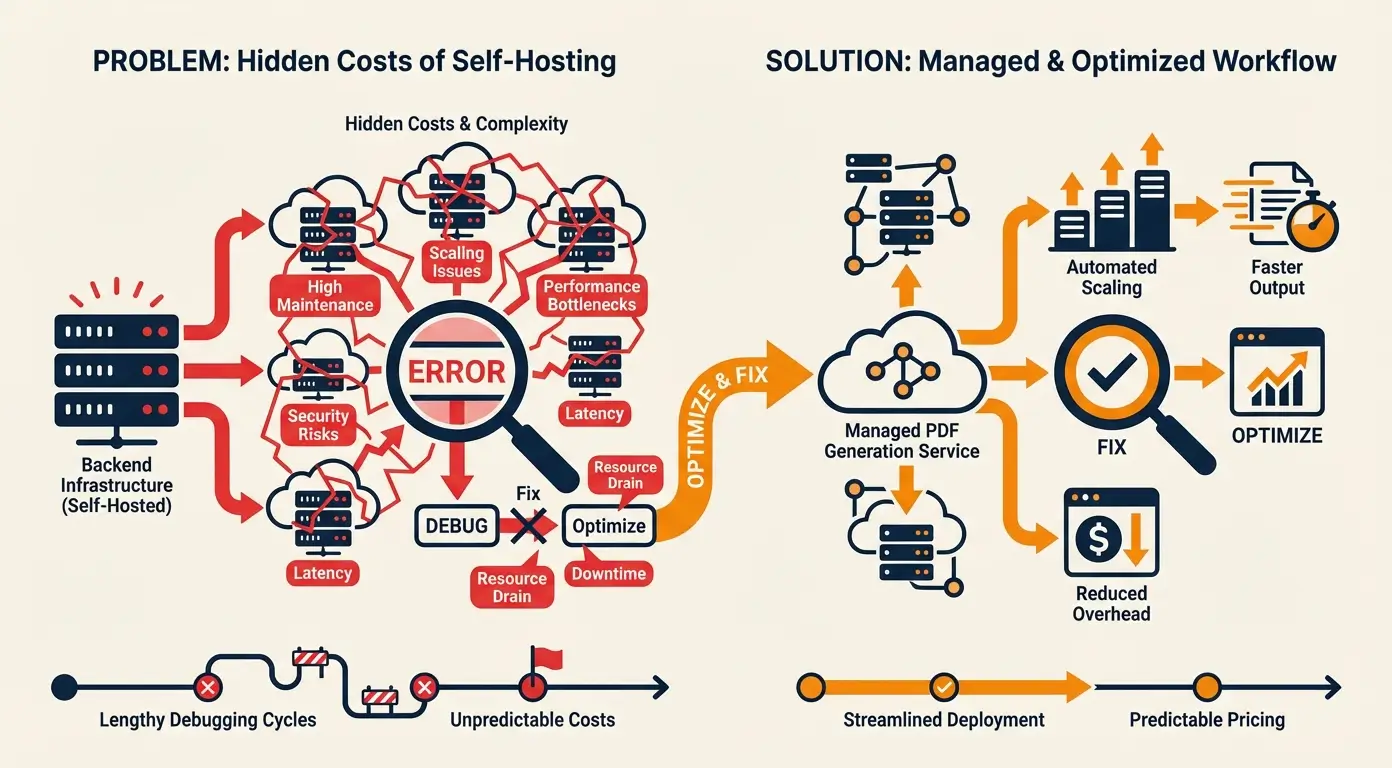 Diagram comparing self-hosted infrastructure challenges to a managed PDF generation workflow.
