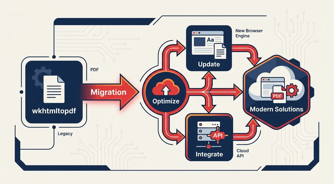 Diagram illustrating a migration process from legacy systems to modern solutions, including PDF conversion and API integration.