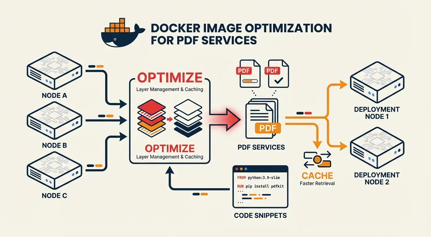 Diagram showing nodes optimizing PDF services with caching and code snippets for deployment.