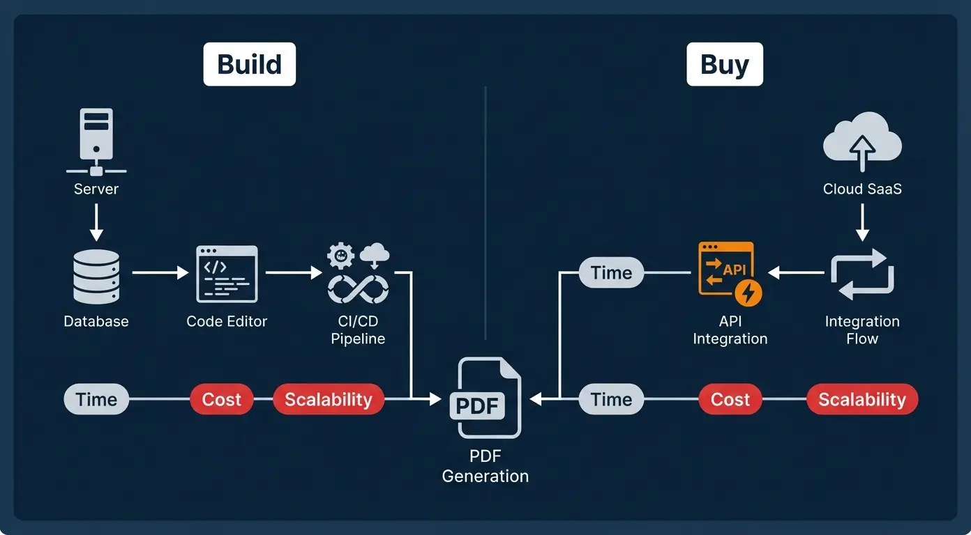 Diagram comparing 'Build' vs. 'Buy' software approaches, showing server, code, API, and cloud SaaS workflows.