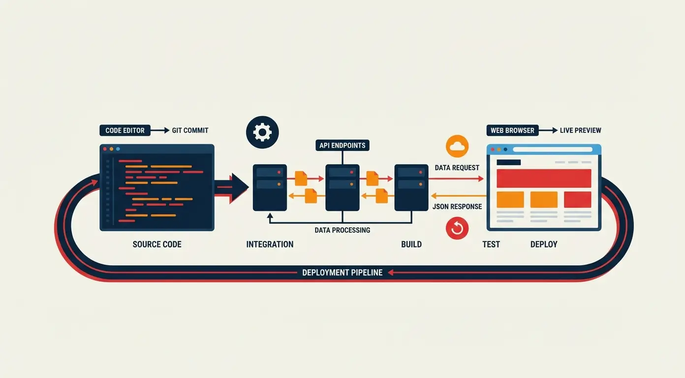 Diagram of a deployment pipeline, showing code editor, API endpoints, and web browser with live preview.