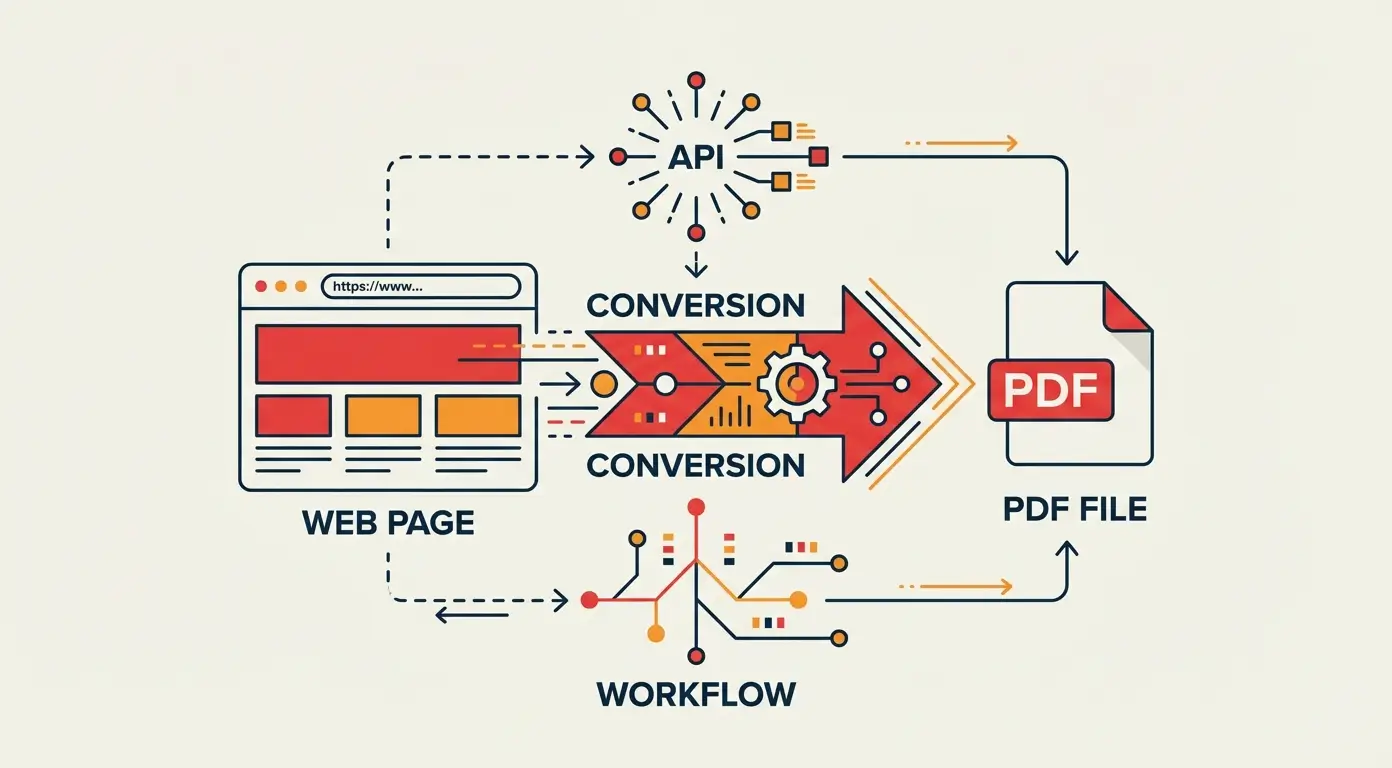 Diagram showing a web page converting to a PDF file via an API workflow.