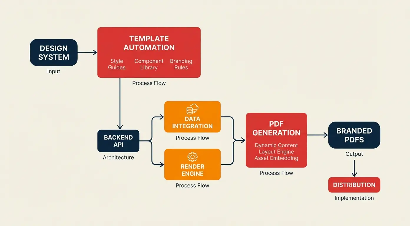 Diagram showing a process flow for automated PDF generation from a design system to branded PDFs.