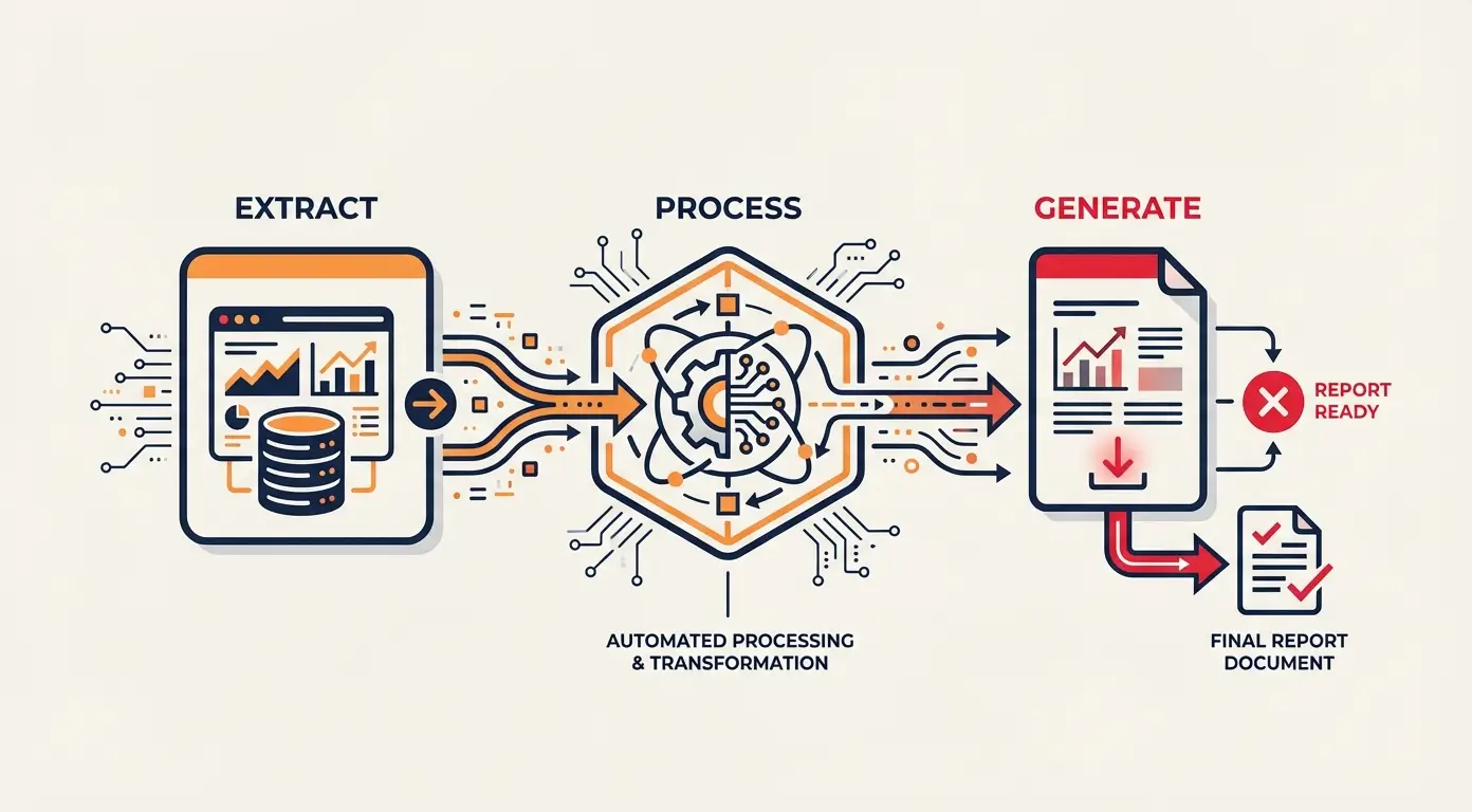 Diagram showing data extraction, processing, and report generation with labels: Extract, Process, Generate.