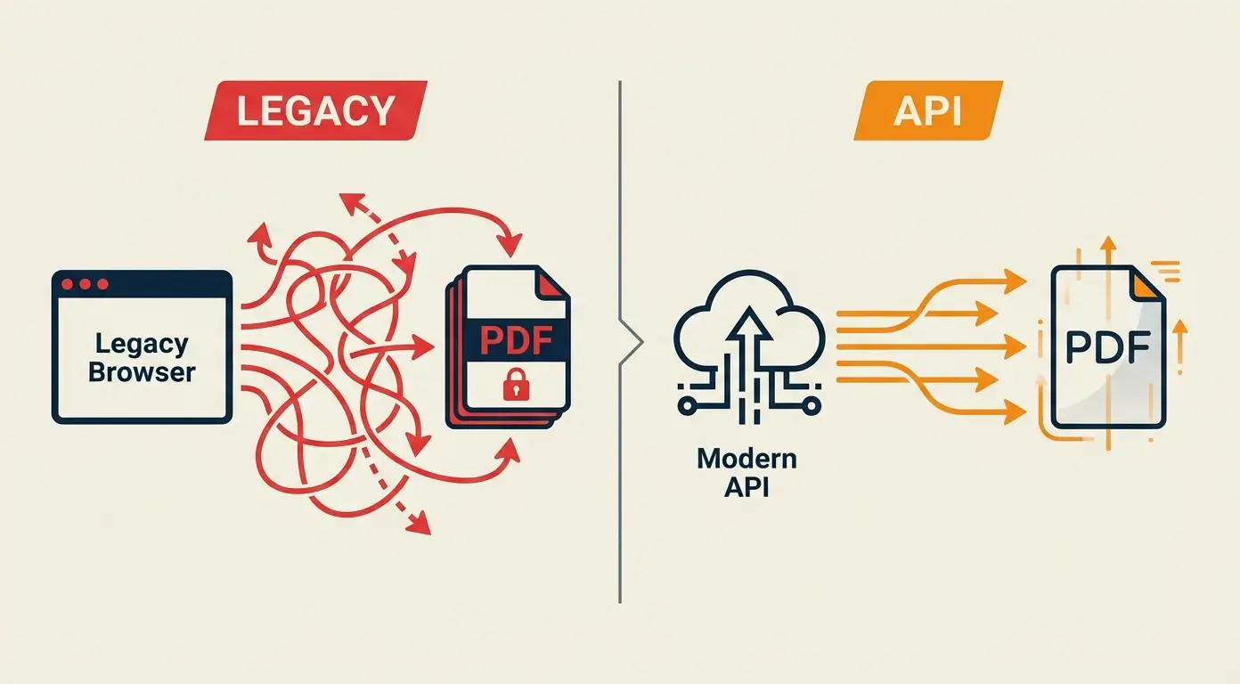 Diagram comparing legacy PDF workflows with a modern API, showing data flow and browser interaction.