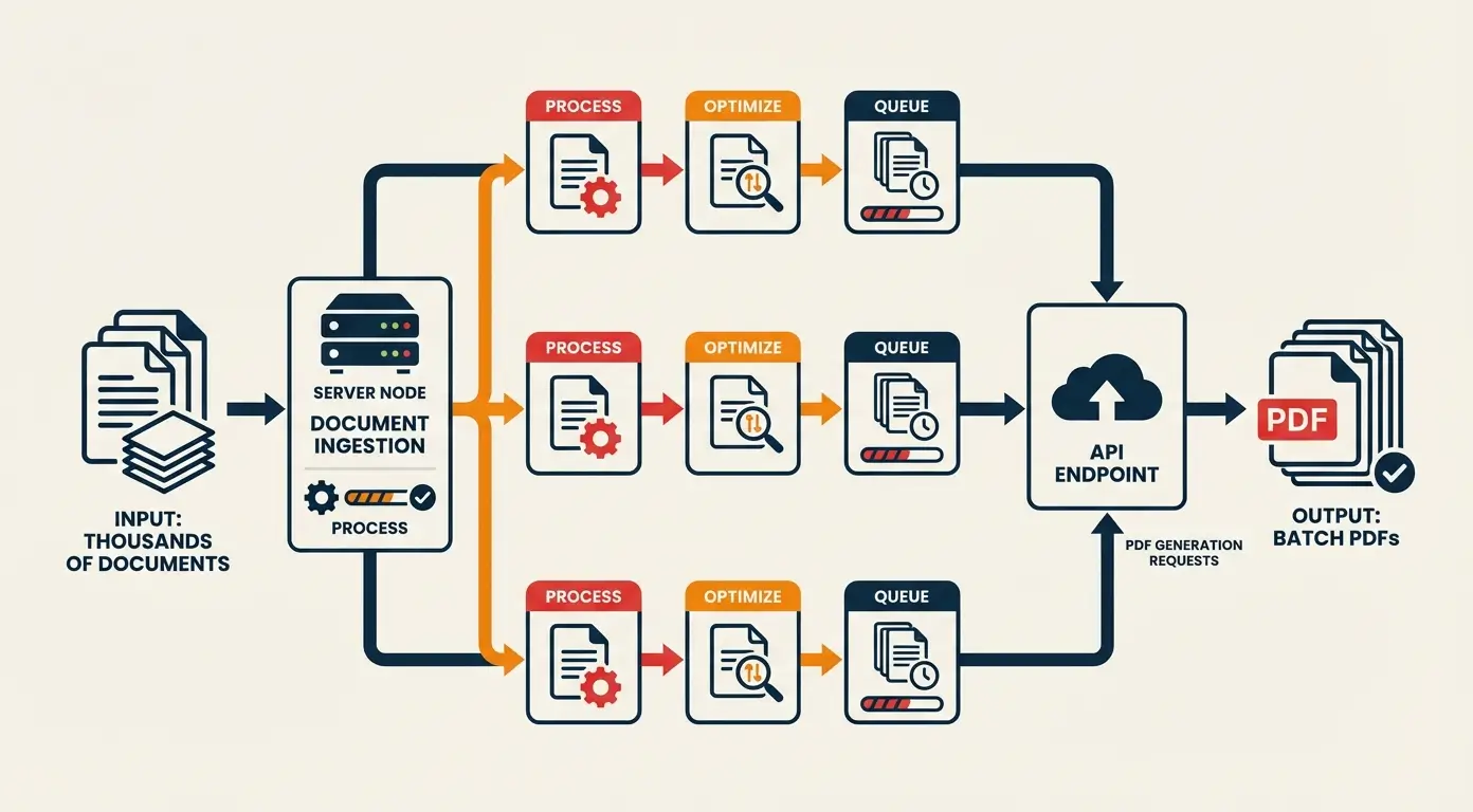 Diagram showing a document processing workflow: ingestion, processing, optimization, queuing, and PDF generation.