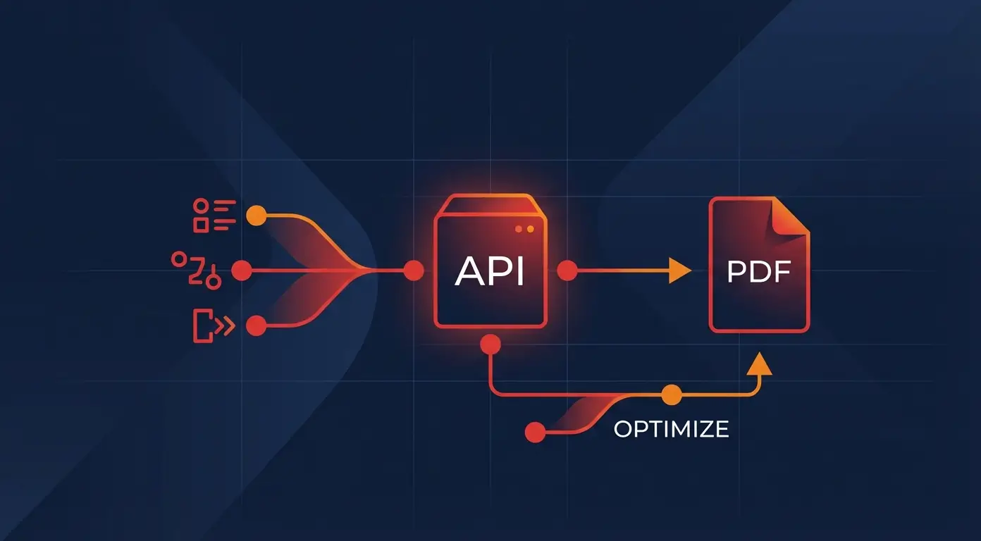 Diagram showing data flowing into an API, then converting to a PDF with an optimization arrow.