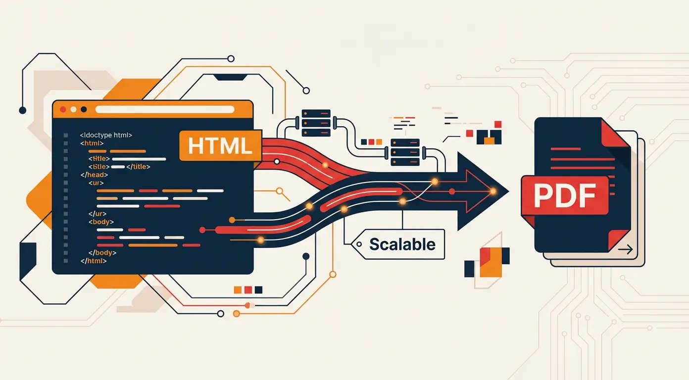 Diagram showing HTML code converting to a PDF document. Arrows indicate the data flow.