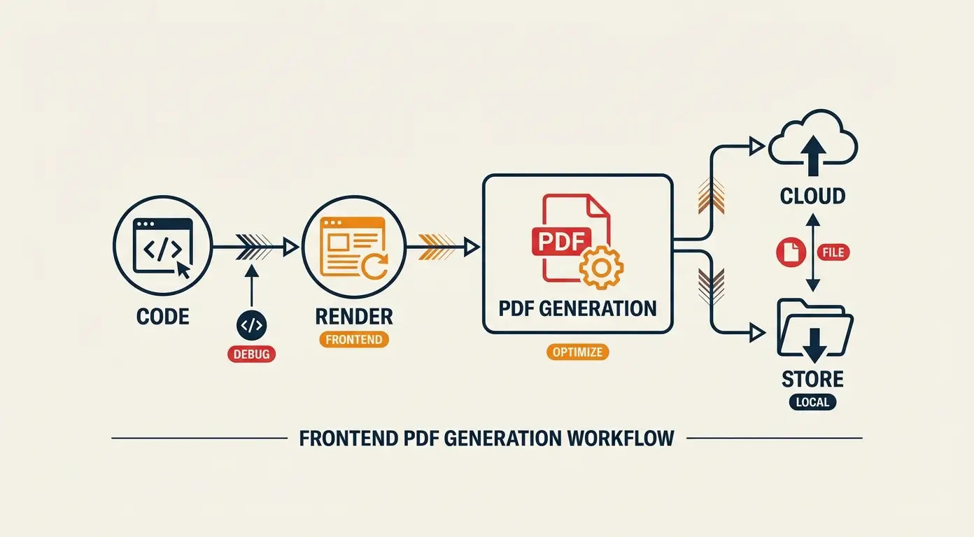 Diagram illustrating a frontend PDF generation workflow: code, render, PDF generation, cloud storage, and local storage.