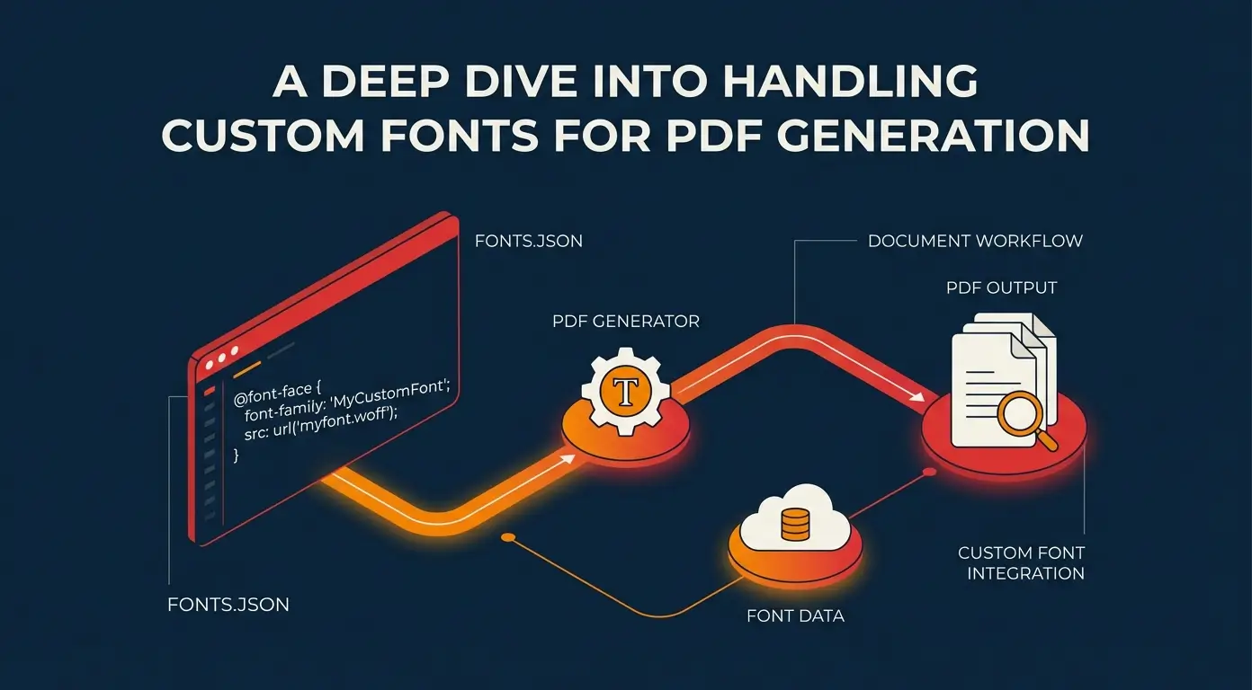 Diagram illustrating custom font integration for PDF generation, showing code, data, and workflow.