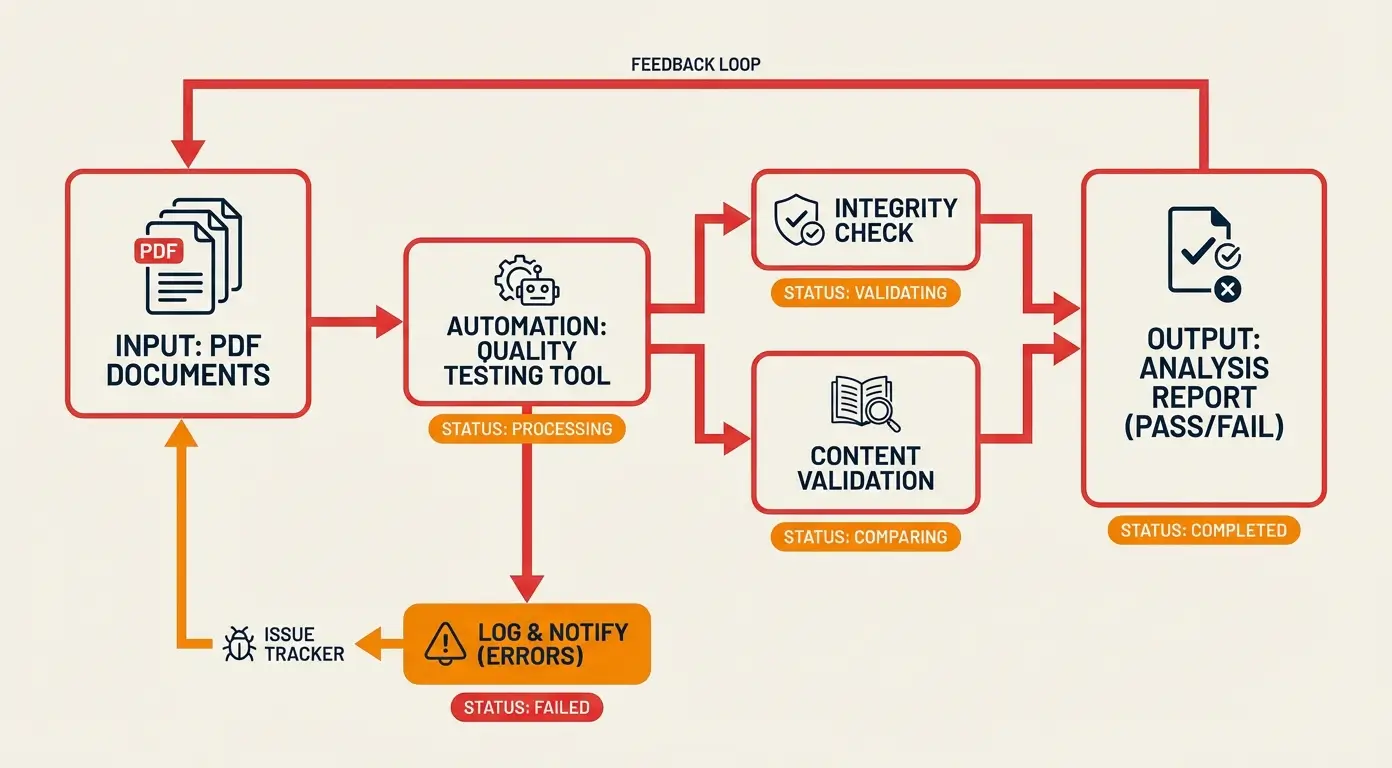 Diagram showing a quality testing tool workflow for PDF documents, including integrity checks and content validation.