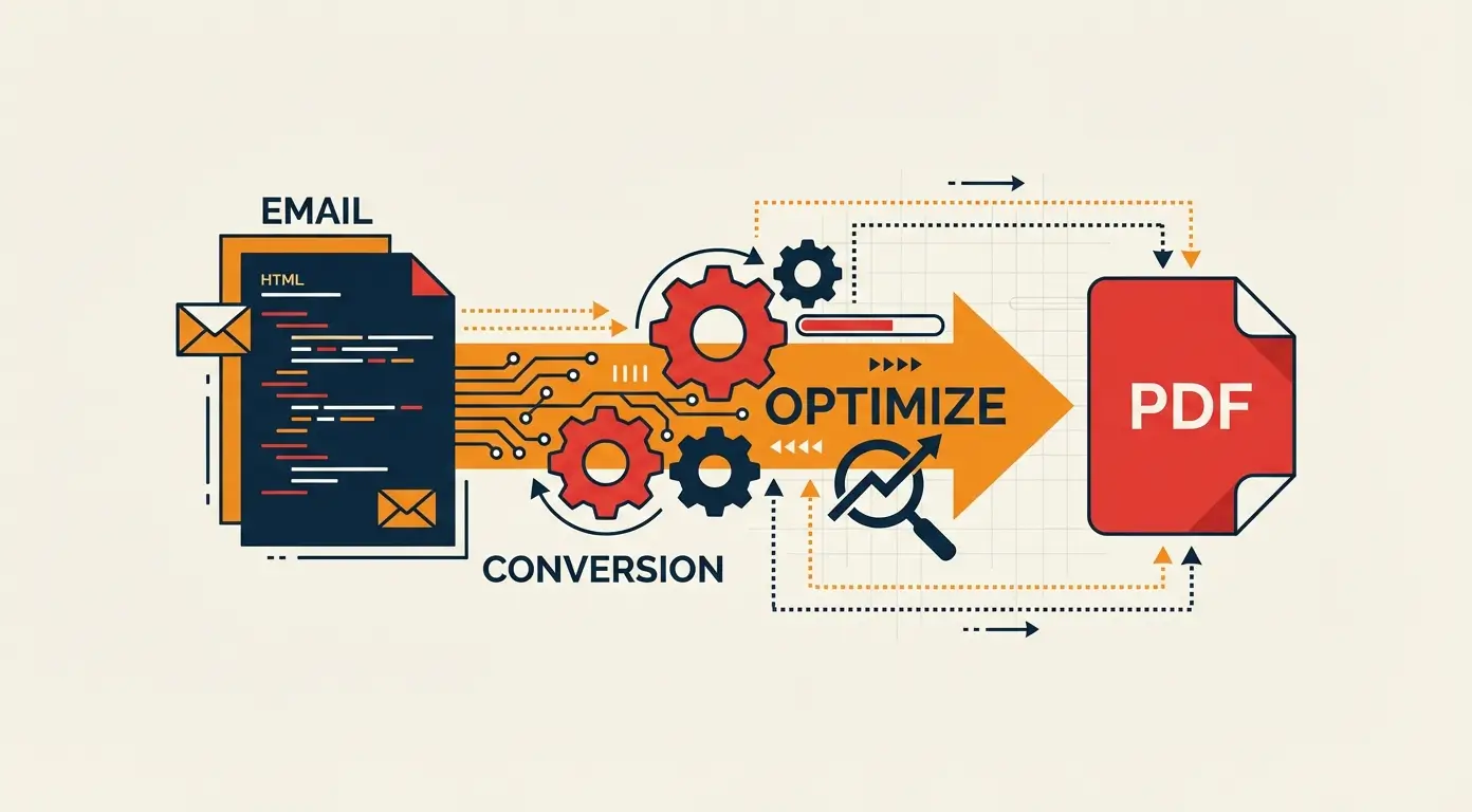 Diagram showing email HTML converting to PDF with optimization steps.