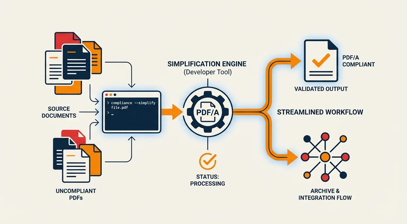 Diagram showing documents flowing into a Simplification Engine, labeled PDF/A, and resulting compliant output.