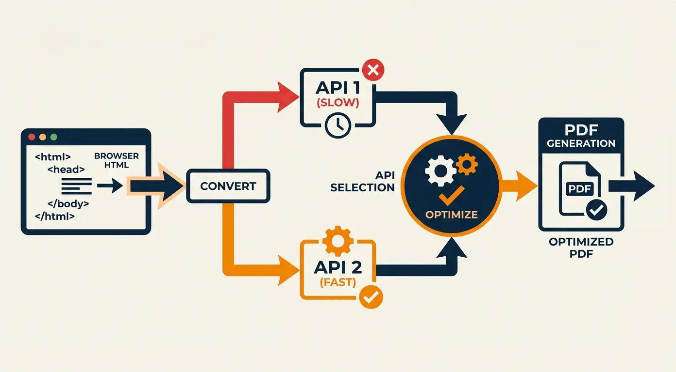 Diagram showing HTML conversion to PDF using API selection, with one API marked slow and another fast.