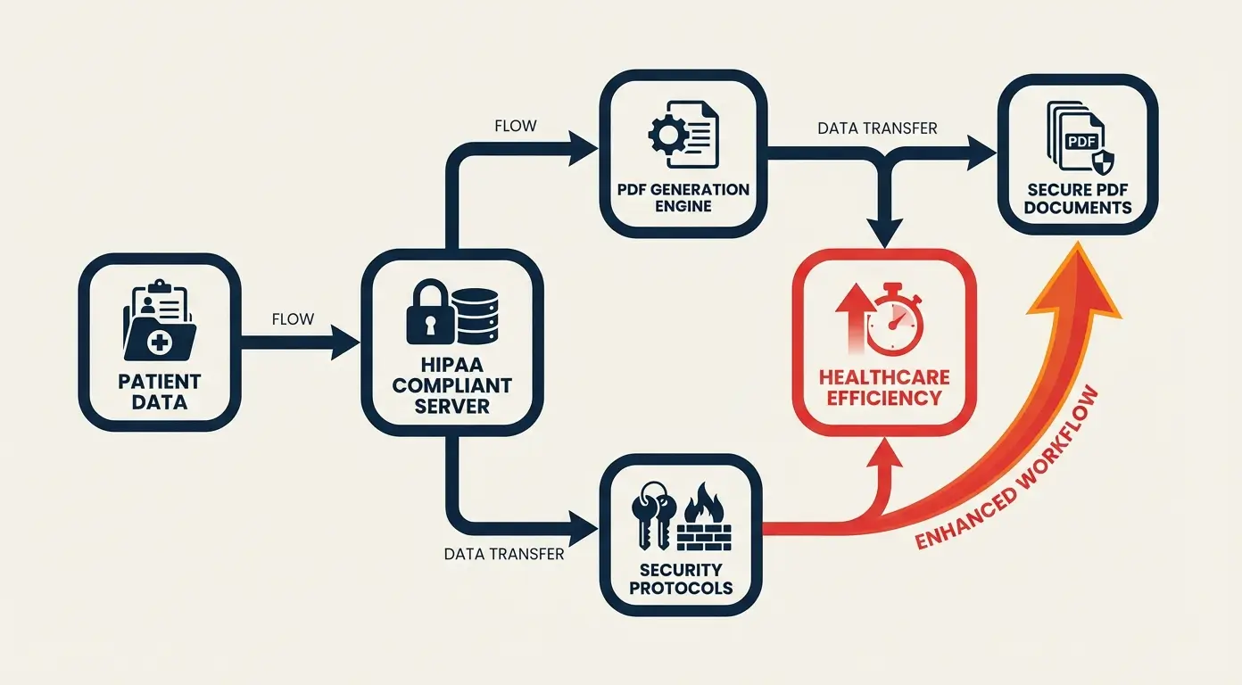 Diagram showing patient data flowing to a server, PDF engine, and security protocols for secure documents.