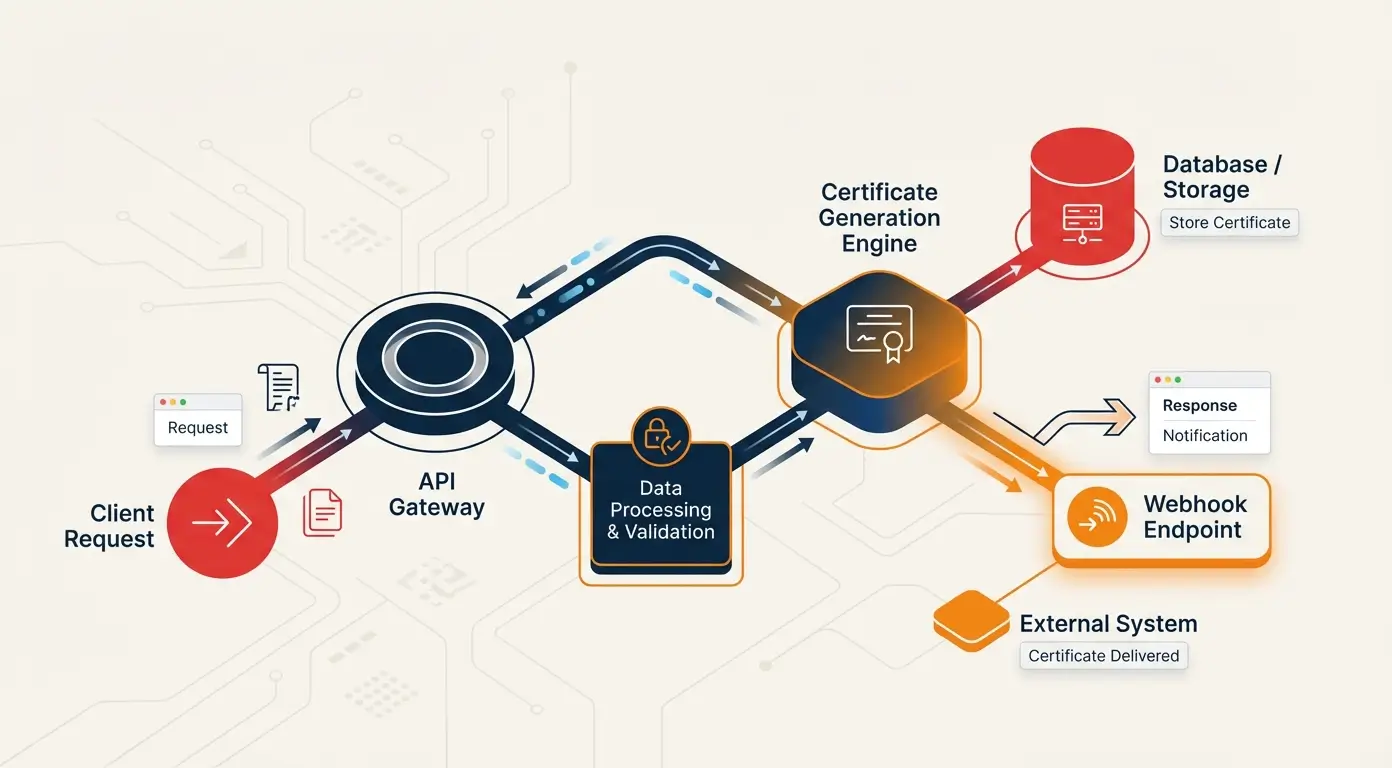 Diagram showing a client request flowing through an API gateway, data processing, and certificate generation.