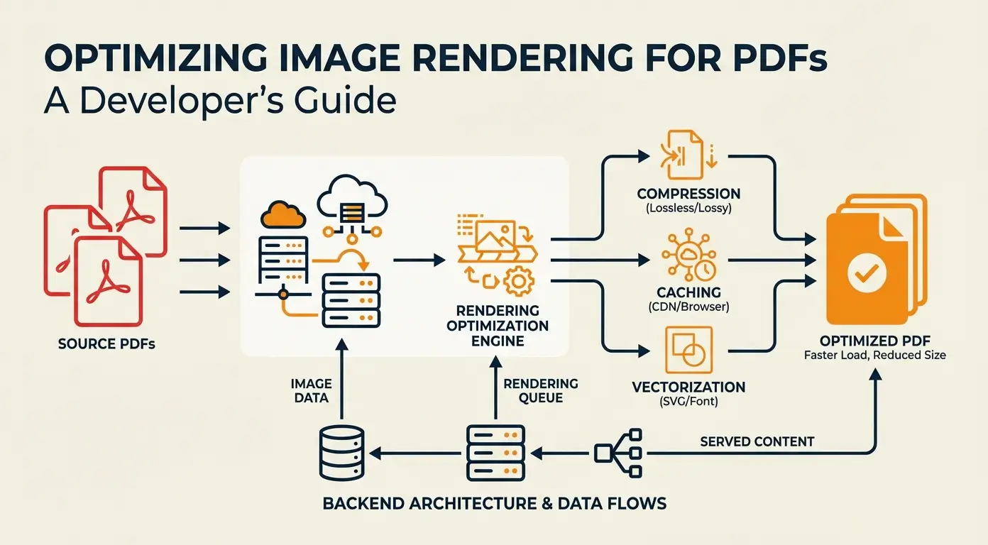 Diagram showing PDF optimization process: source PDFs to optimized PDF via rendering engine, caching, and vectorization.