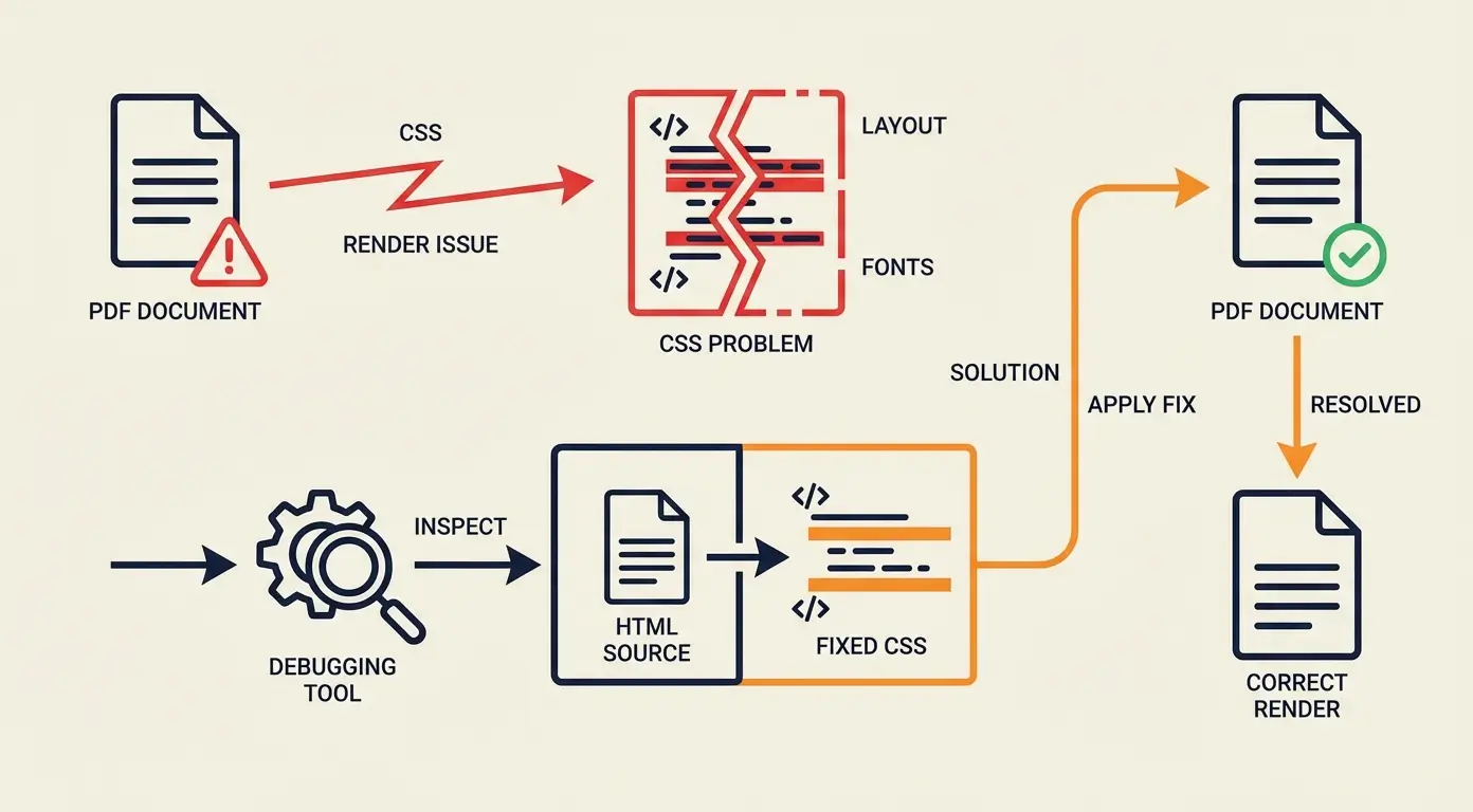 Diagram showing a PDF document with a render issue, debugging, and a CSS fix leading to a resolved document.