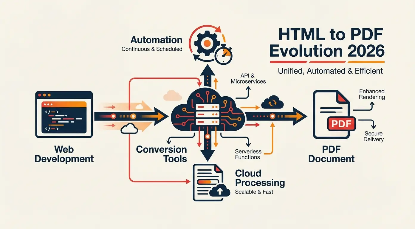 Diagram showing web development code converting to a PDF document via cloud processing and automation.