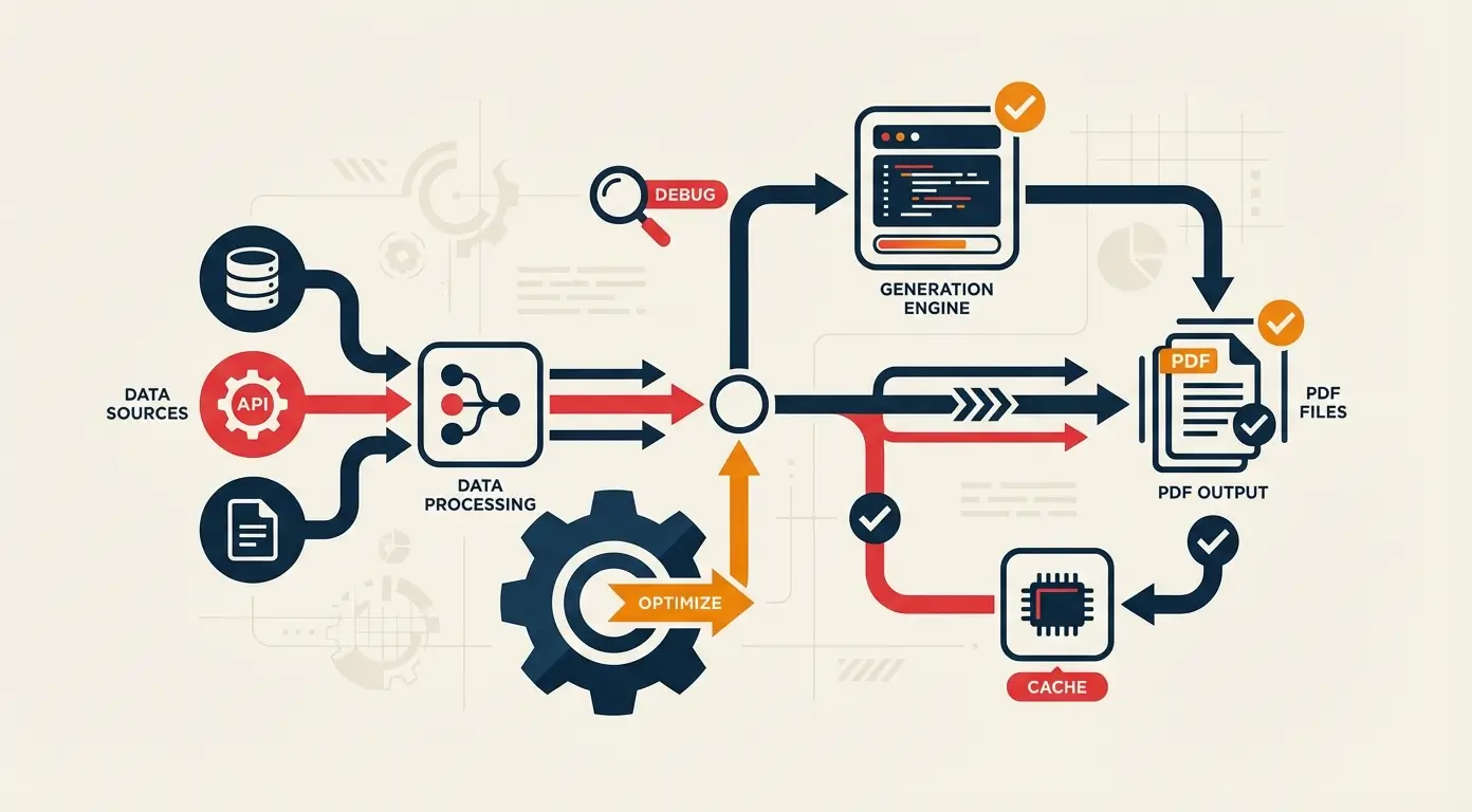 Diagram showing data sources, processing, a generation engine, and PDF output with debug and cache elements.