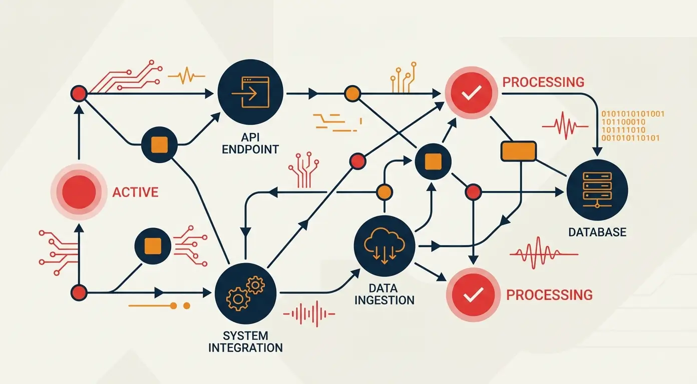 Diagram showing data flow from system integration to API endpoint, database, and processing steps.
