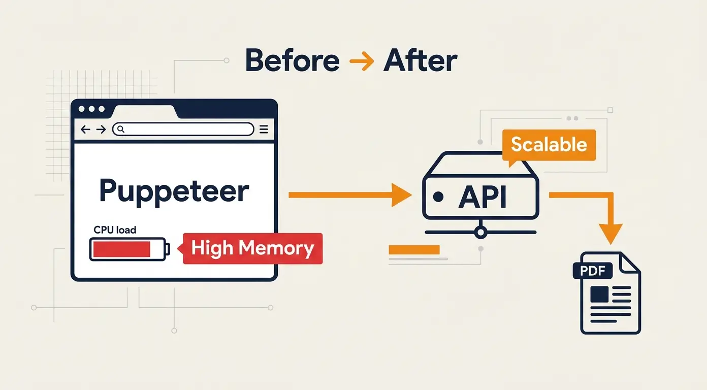 Diagram showing Puppeteer (left) transitioning to an API (right) with PDF output, labeled 'Before → After'.