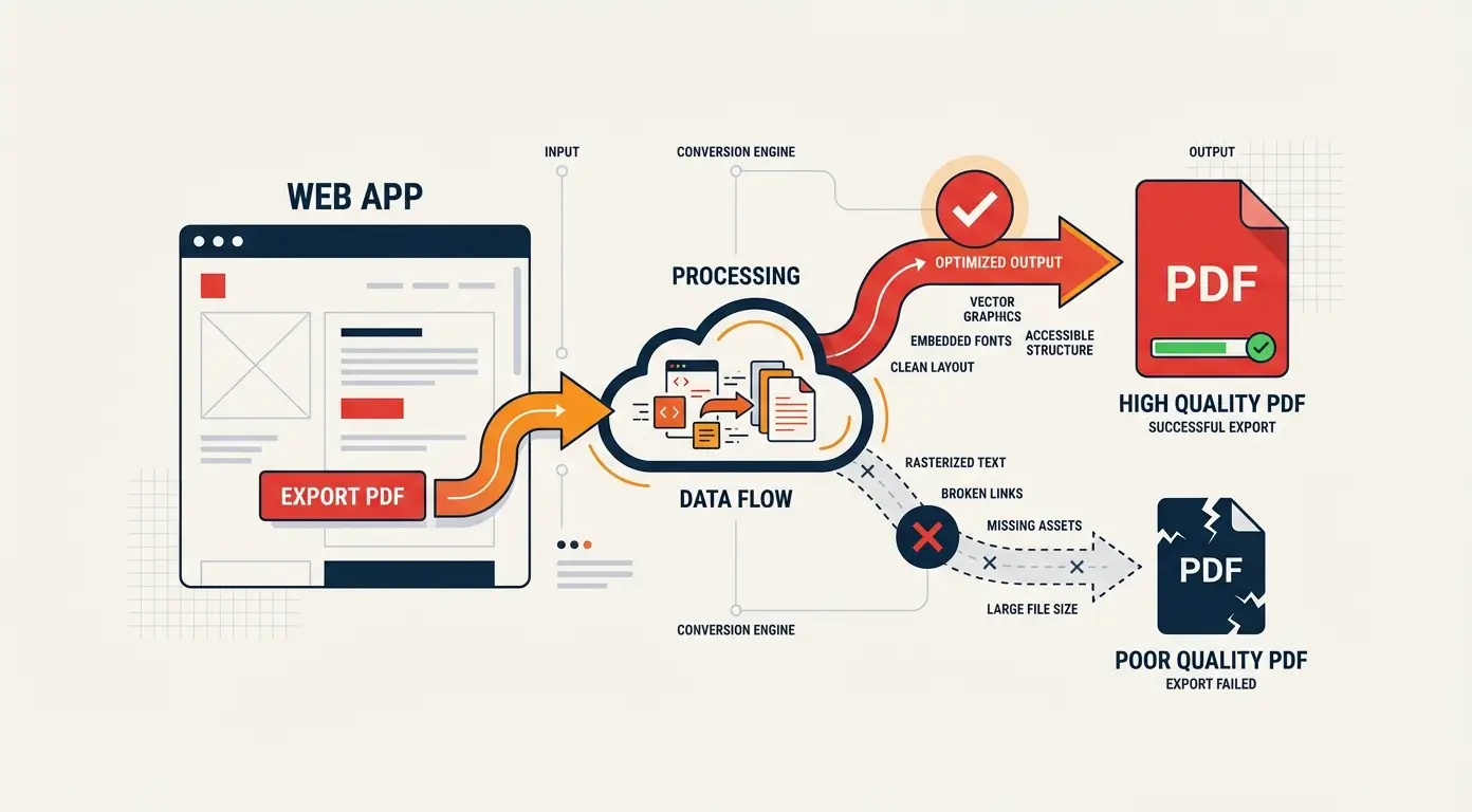 Diagram showing a web app exporting to PDF, illustrating data flow and quality outcomes.