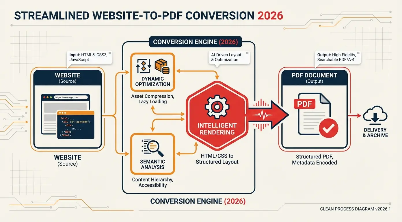 Diagram showing website code converting to a PDF document via a conversion engine.