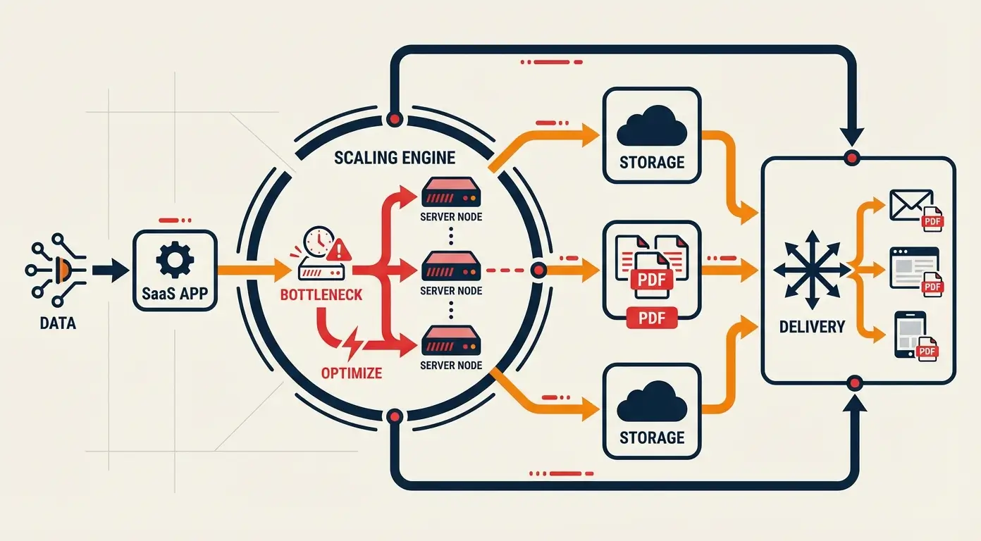 Diagram showing data flowing from a SaaS app, through a scaling engine, to storage and delivery as PDFs.
