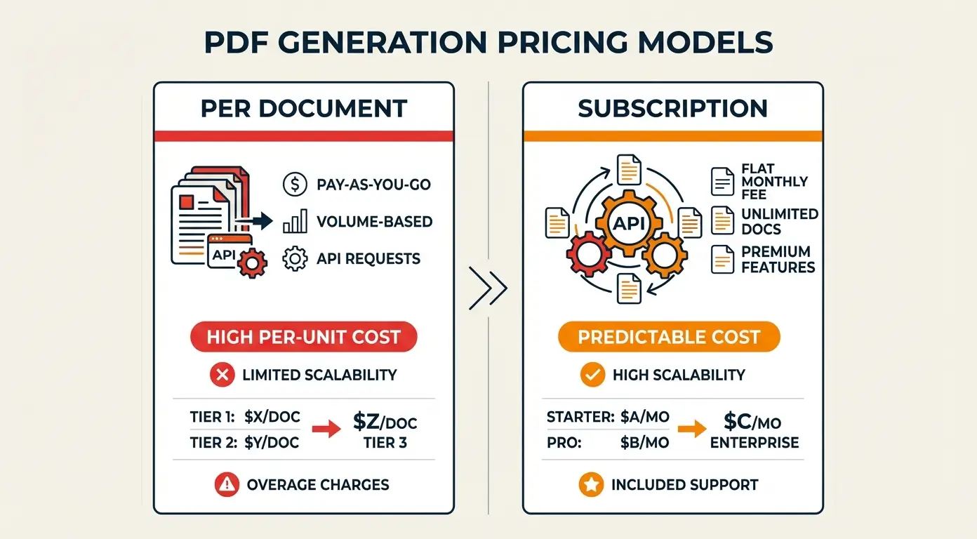 Comparison chart: Per document vs. subscription PDF generation pricing models, with cost and scalability details.