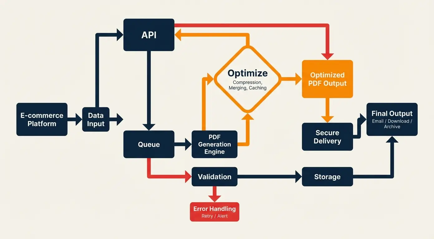 Diagram showing a PDF generation workflow from an e-commerce platform to final output.
