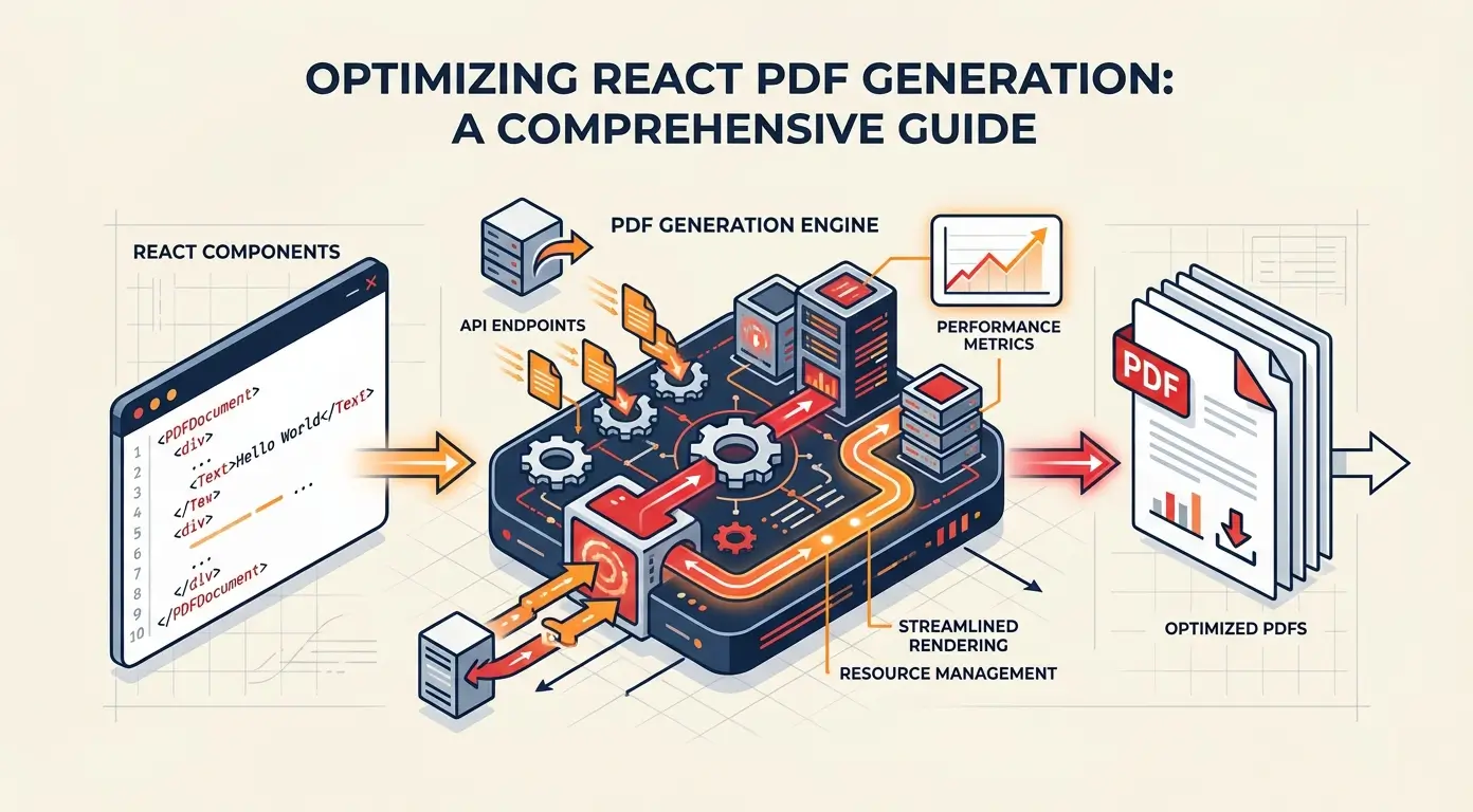 Diagram showing React components, API endpoints, and a PDF generation engine creating optimized PDFs.