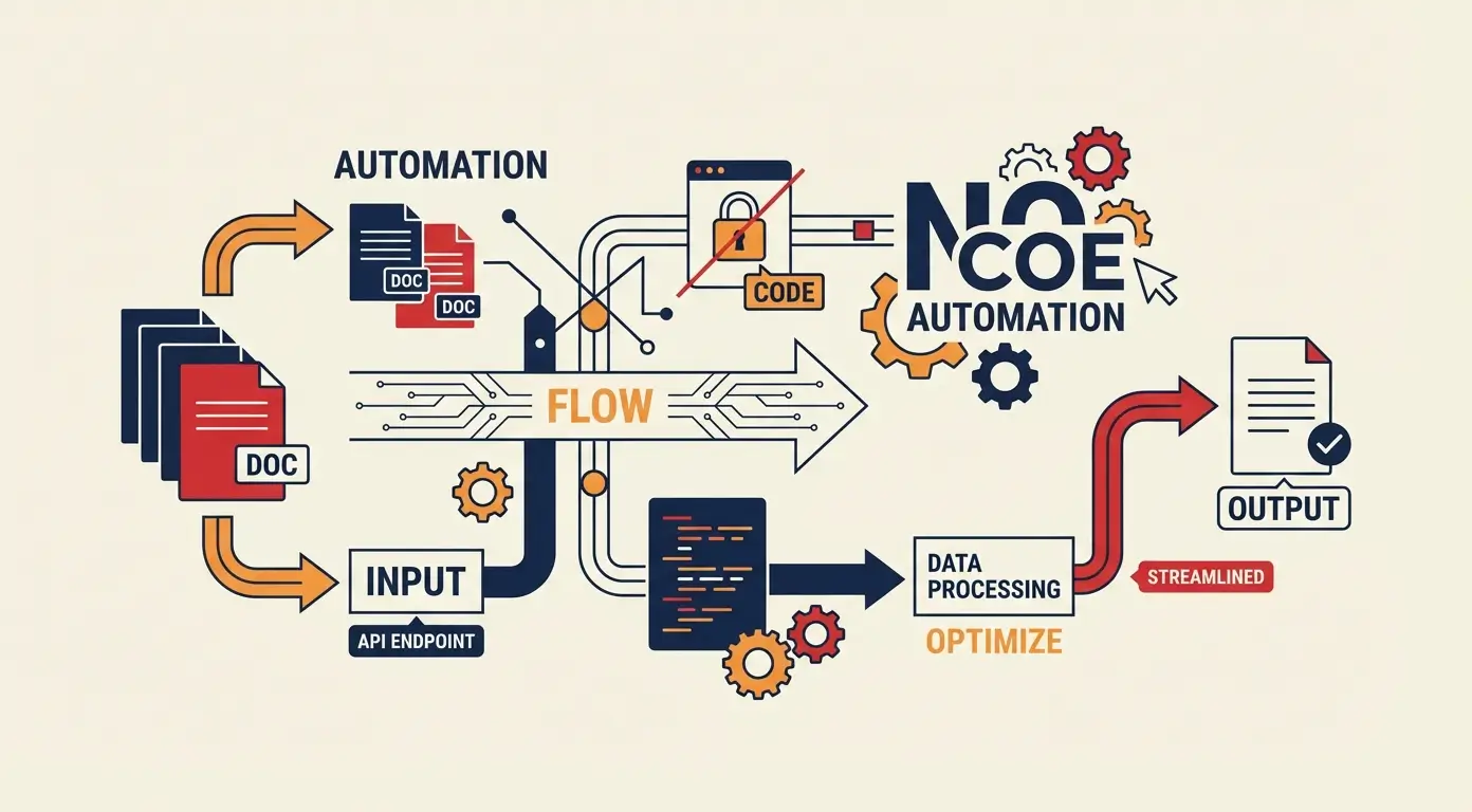 Diagram illustrating an automation flow with input, code, data processing, and streamlined output.