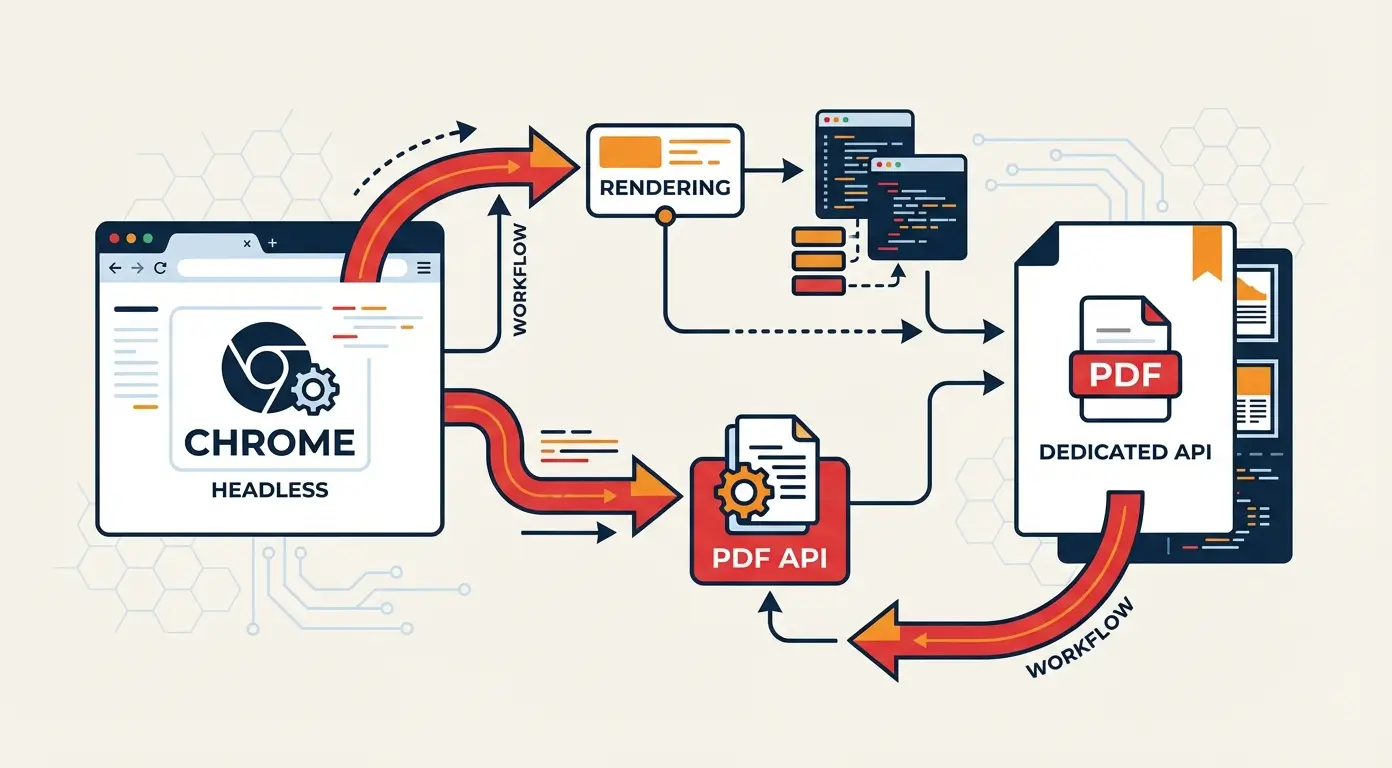 Diagram showing a Chrome Headless workflow converting web pages to PDF using a PDF API.