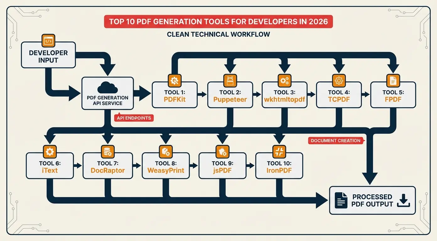 Diagram showing a workflow for PDF generation tools, labeled with tool names and 'Developer Input' and 'PDF Output'.