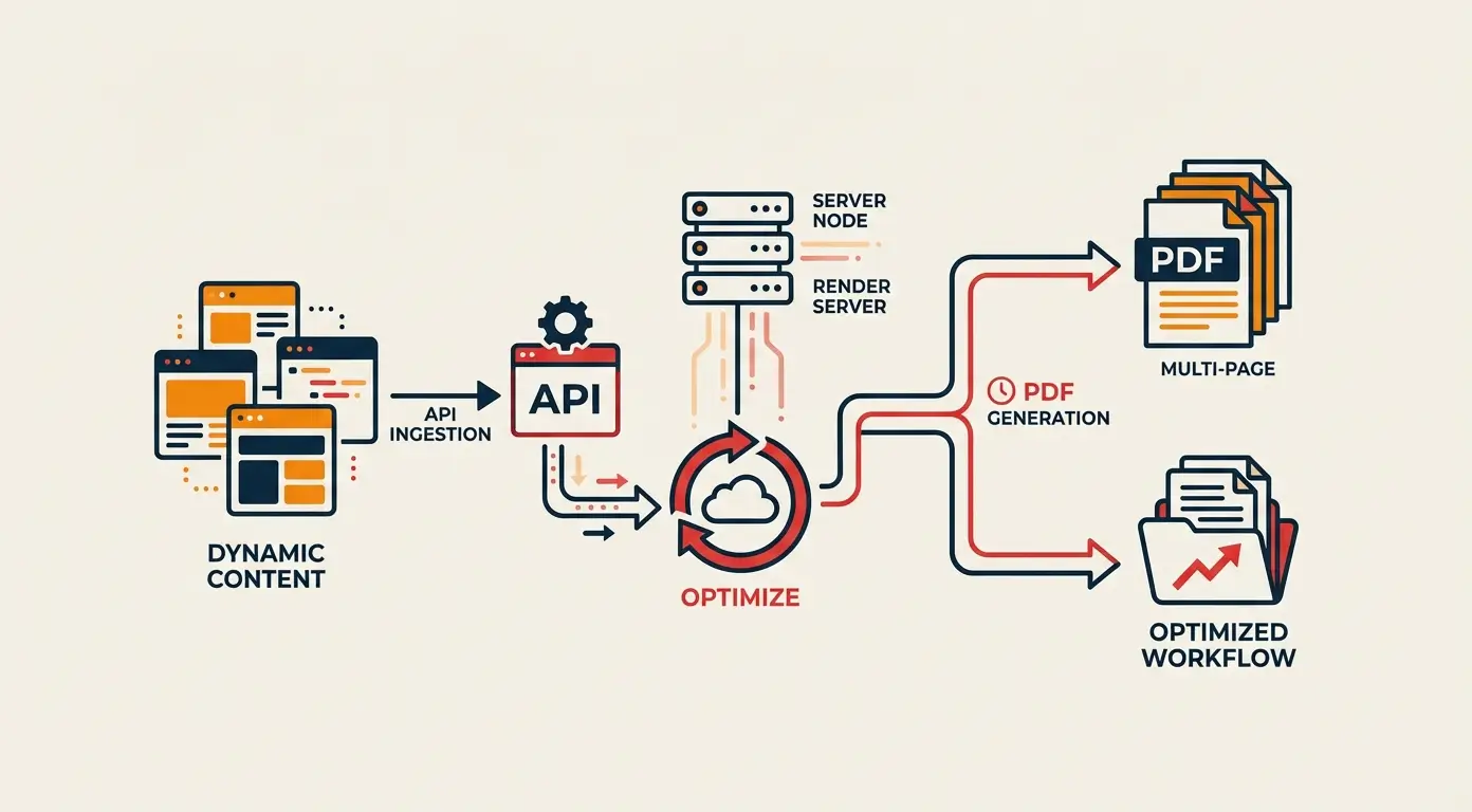 Diagram showing dynamic content flowing through an API to server nodes, resulting in PDF generation and optimized workflow.