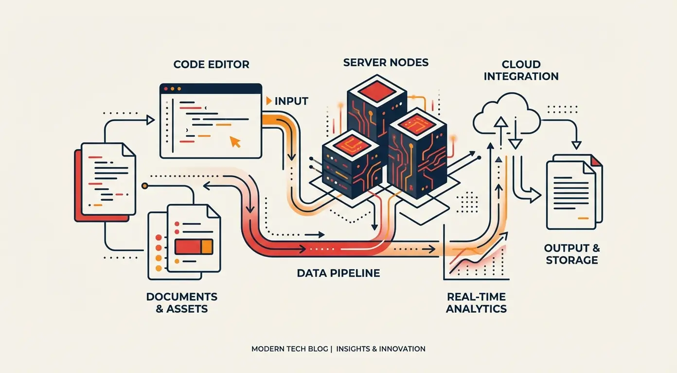 Diagram showing data flow from code editor to server nodes, cloud integration, and output storage.