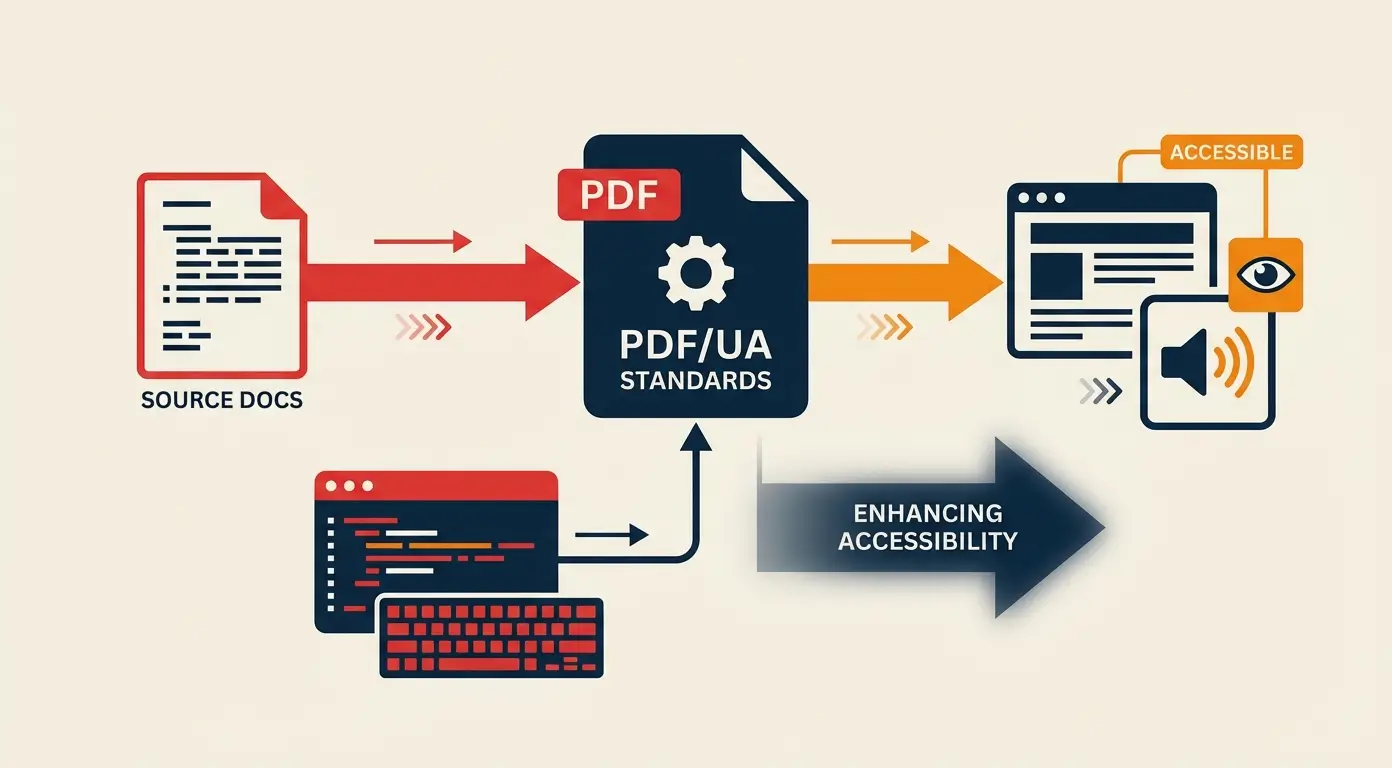Diagram showing source documents converting to PDF/UA standards, enhancing accessibility with audio and screen reader features.