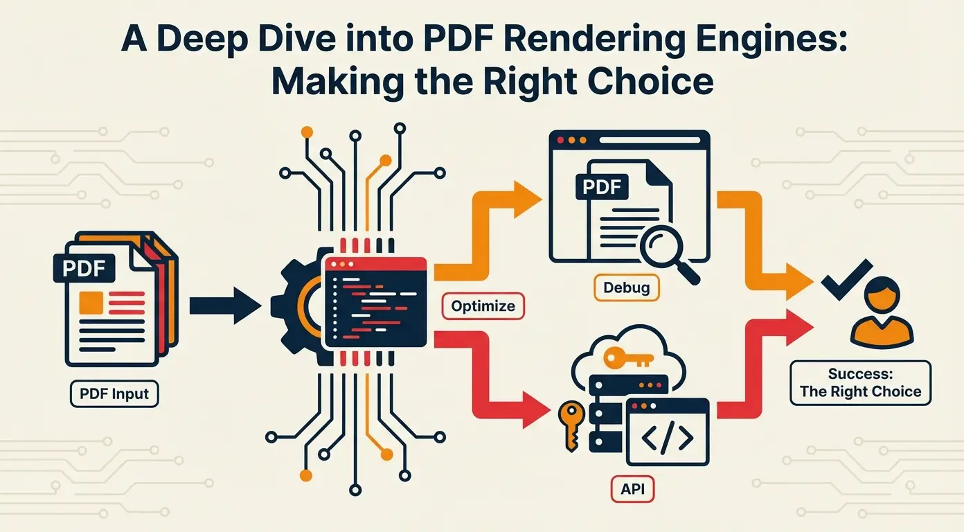 Diagram showing a PDF input being processed, optimized, debugged, and rendered via an API.