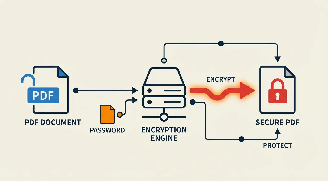 Diagram showing a PDF document and password being processed by an encryption engine to create a secure PDF.